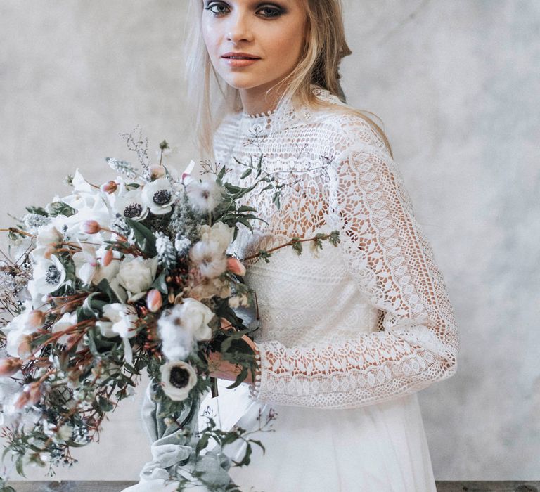 Bride in Rembo Gown from Rock the Frock Bridal | Spring White Anemone Bouquet | Powder Blue Spring Wedding Inspiration Styled by The Little Lending Co | Megan Duffield Photography