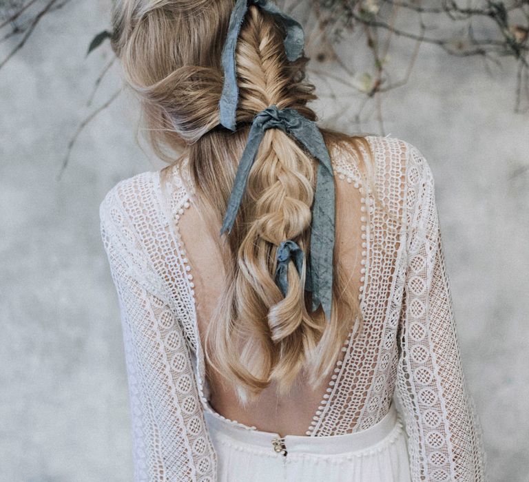 Fishtail Braided Up Do with Silk Ribbon | Bride in Rembo Gown from Rock the Frock Bridal | Powder Blue Spring Wedding Inspiration Styled by The Little Lending Co | Megan Duffield Photography