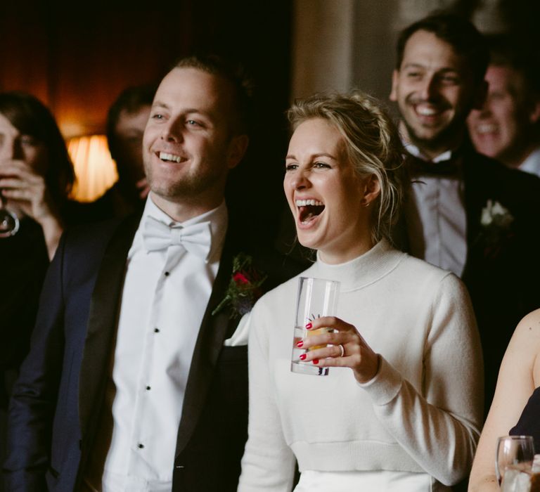 Elegant Winter Wedding At Huntsham Court Devon With Bride In Bespoke Gown & High Necked Cashmere Jumper With Images By Millar Cole Photography