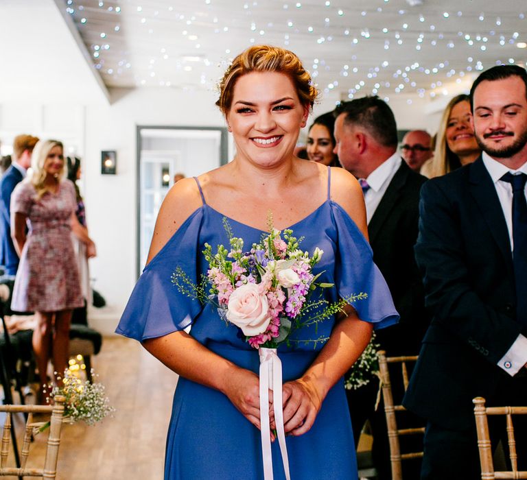 Bridesmaid in Blue ReWritten Cold Shoulder Dress | Colourful Coastal Wedding at The Gallivant in Camber Sands with DIY Decor | Epic Love Story Photography