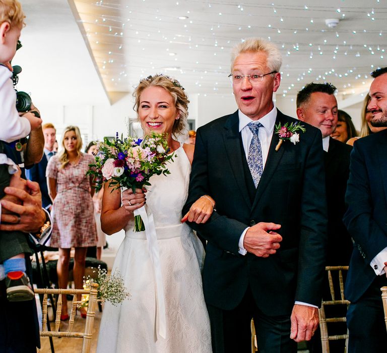 Wedding Ceremony | Bridal Entrance in Jesus Peiro Wedding Dress | Colourful Coastal Wedding at The Gallivant in Camber Sands with DIY Decor | Epic Love Story Photography