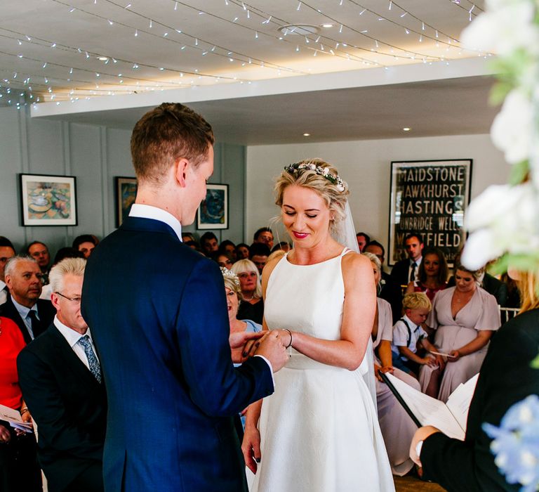 Wedding Ceremony | Bride in Jesus Peiro Wedding Dress | Groom in Navy Ted Baker Suit | Colourful Coastal Wedding at The Gallivant in Camber Sands with DIY Decor | Epic Love Story Photography