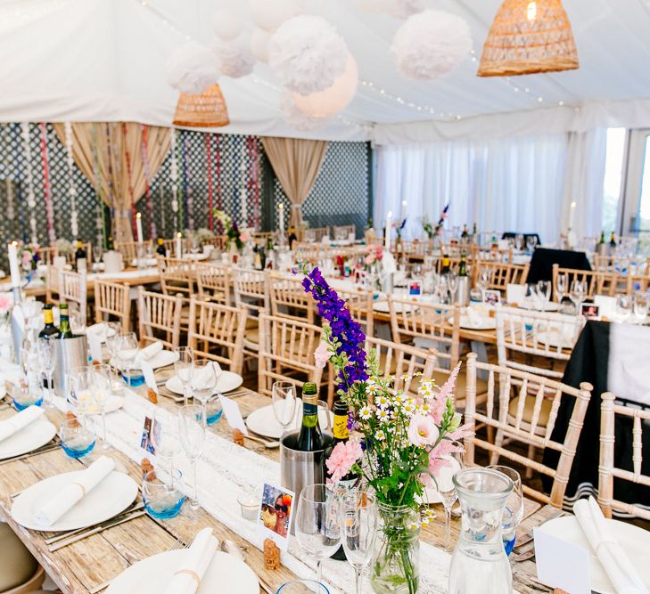 Lace Table Runner, Jam Jars & Wild Flower Decor | Colourful Coastal Wedding at The Gallivant in Camber Sands with DIY Decor | Epic Love Story Photography