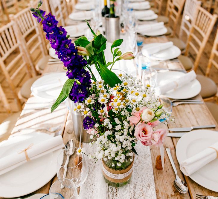 Lace Table Runner, Jam Jars & Wild Flower Decor | Colourful Coastal Wedding at The Gallivant in Camber Sands with DIY Decor | Epic Love Story Photography