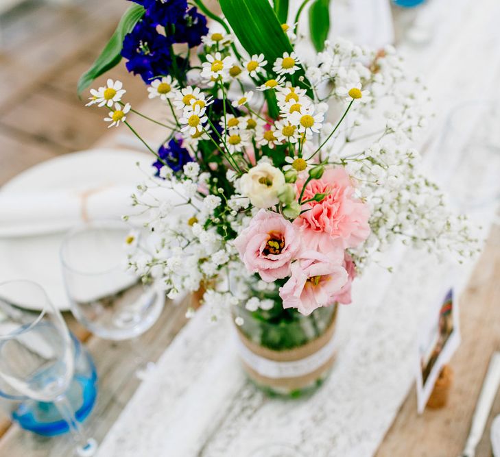 Lace Table Runner, Jam Jars & Wild Flower Decor | Colourful Coastal Wedding at The Gallivant in Camber Sands with DIY Decor | Epic Love Story Photography