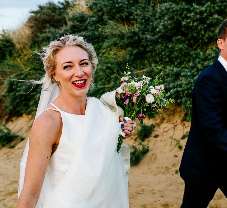 Beach Portrait | Bride in Jesus Peiro Gown | Groom in Navy Ted Baker Suit | Colourful Coastal Wedding at The Gallivant in Camber Sands with DIY Decor | Epic Love Story Photography