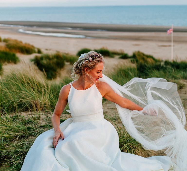 Beach Portrait | Bride in Jesus Peiro Gown | Colourful Coastal Wedding at The Gallivant in Camber Sands with DIY Decor | Epic Love Story Photography