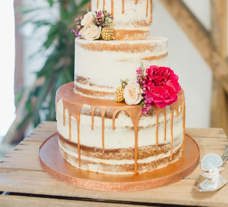 Semi Naked Wedding Cake With Drip Icing // South Farm Wedding Planned & Styled By Mirabella Weddings With Bride In Pronovias And Florals By Lily And May With Images From Photography By Bea