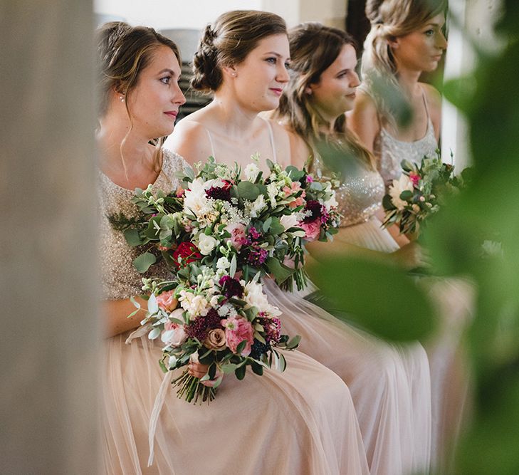 Bridesmaids In Dusky Pink // South Farm Wedding Planned & Styled By Mirabella Weddings With Bride In Pronovias And Florals By Lily And May With Images From Photography By Bea