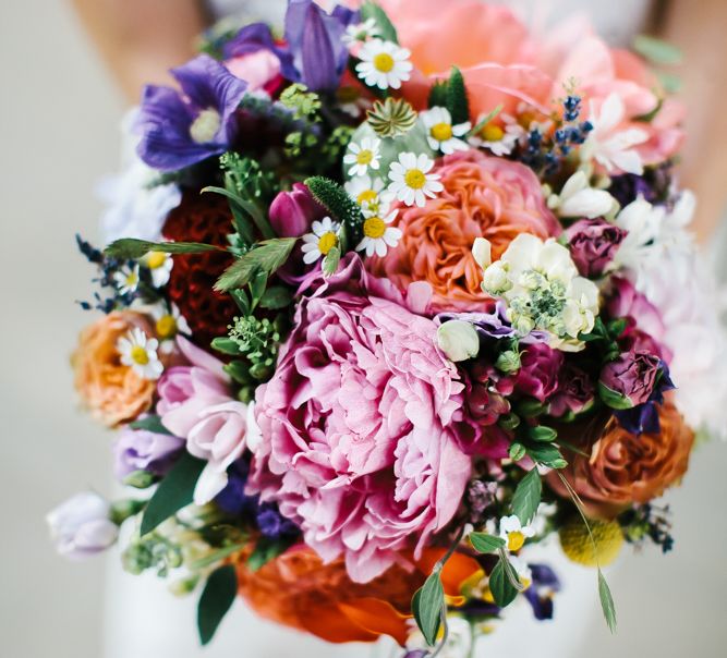 Bright Wedding Bouquet with Peonies | Bright Wedding at The Oyster Shed in London | Chris Barber Photography