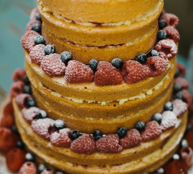 Naked Wedding Cake with Fruit | Bright Wedding at The Oyster Shed in London | Chris Barber Photography