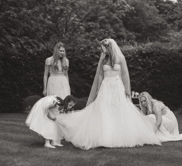 Bride in Monique Lhuillier Candy Wedding Dress & Bridesmaids in Pink BHLDN Dresses