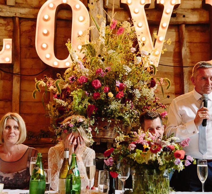 Top Table Floral Arrangement & Giant LOVE Letter Lights