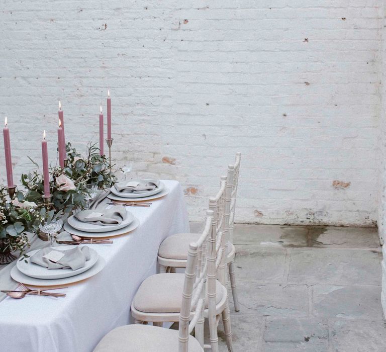 Pink & Grey Wedding Table With Gold Cutlery