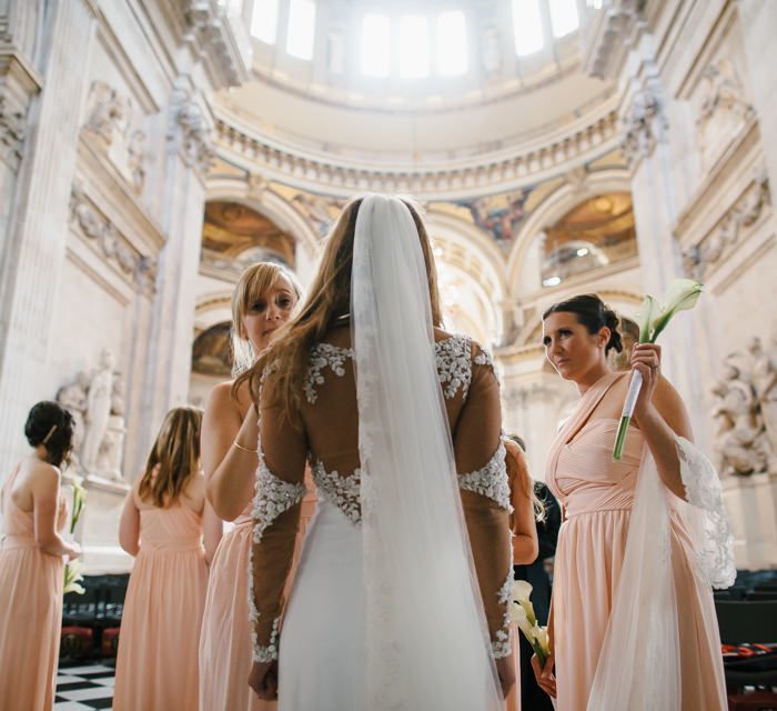 Bride in Martina Liana from Essense of Australia Bridal Gown & Bridesmaids in Peach ASOS Gowns