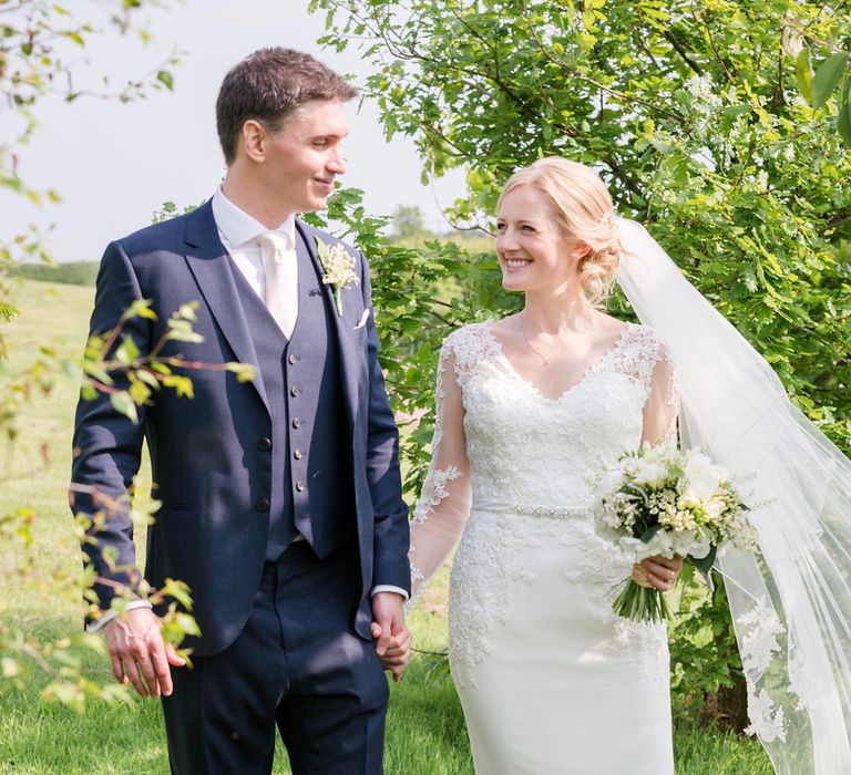 Mori Lee Lace Bridal Gown | Groom in Navy Reiss Suit | Turner & Moss Photography