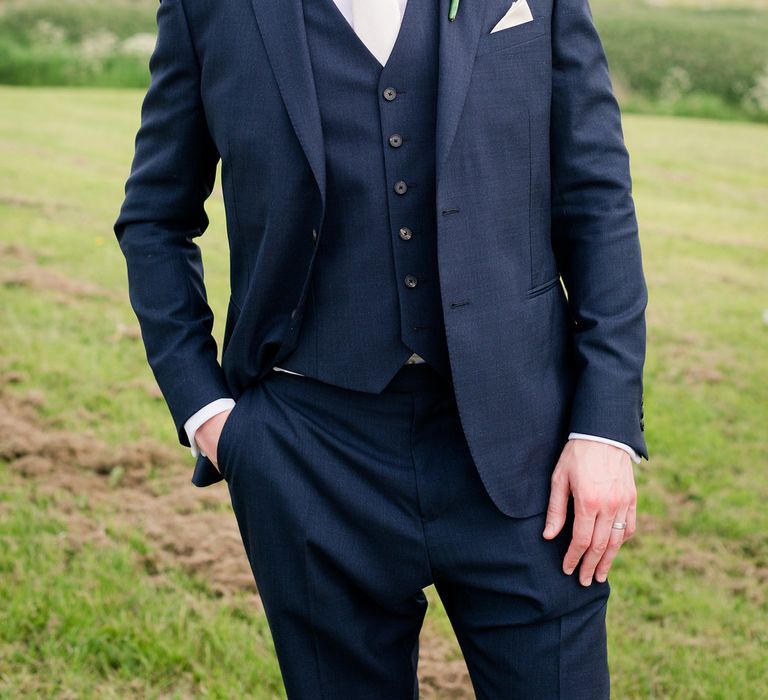 Groom in Navy Reiss Suit | Turner & Moss Photography