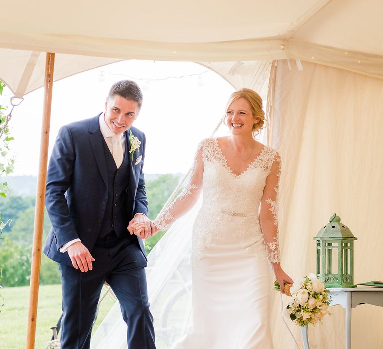 Mori Lee Lace Bridal Gown | Groom in Navy Reiss Suit | Turner & Moss Photography