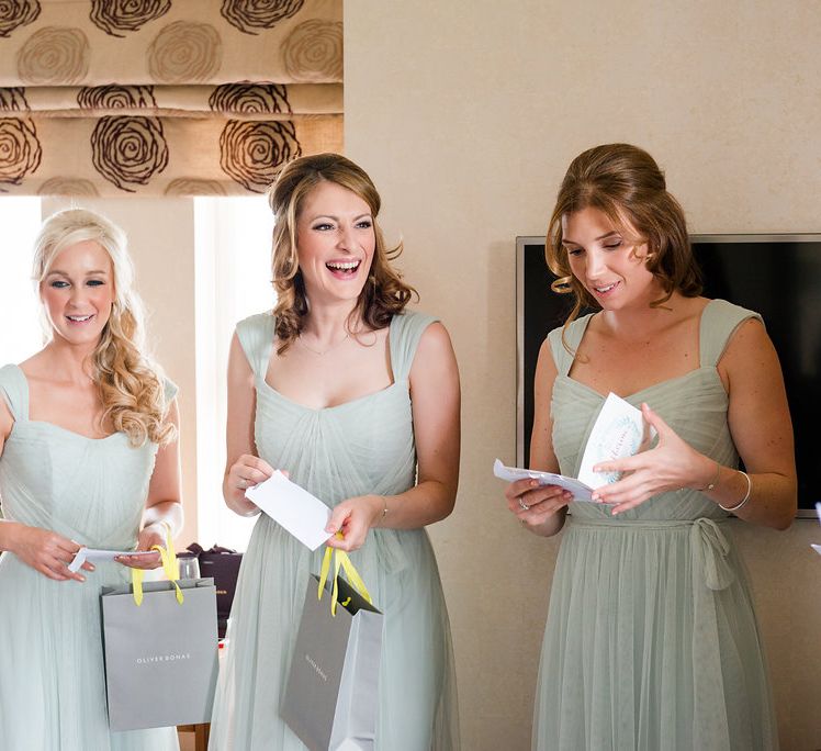 Bridesmaids in Pale Green Dessy Dresses | Bridesmaids Thank-you Gifts | Turner & Moss Photography