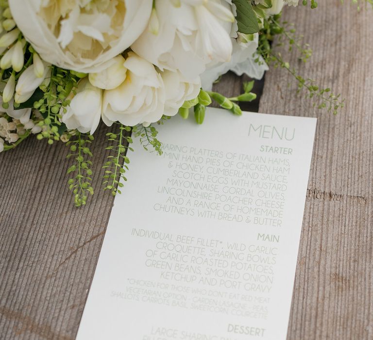 Wedding Stationery | Menu Card | Elegant Greenery & White Rustic Marquee Wedding at Church Farm | Turner & Moss Photography