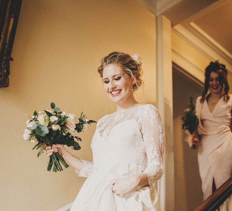 Bride in Rue de Seine Wedding Dress with Long Lace Sleeves