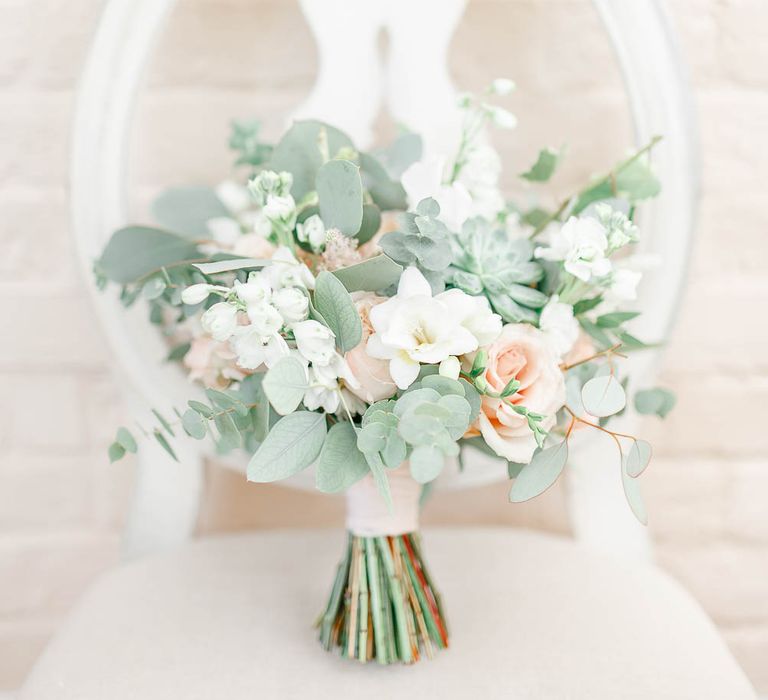 Pastel Peach, Green & White Bouquet | Elegant Pastel Wedding at Gaynes Park, Essex | White Stag Wedding Photography | At Motion Film