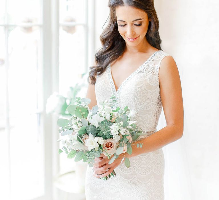 Beautiful Bride in Lace Dress from Blackburn Bridal | Elegant Pastel Wedding at Gaynes Park, Essex | White Stag Wedding Photography | At Motion Film