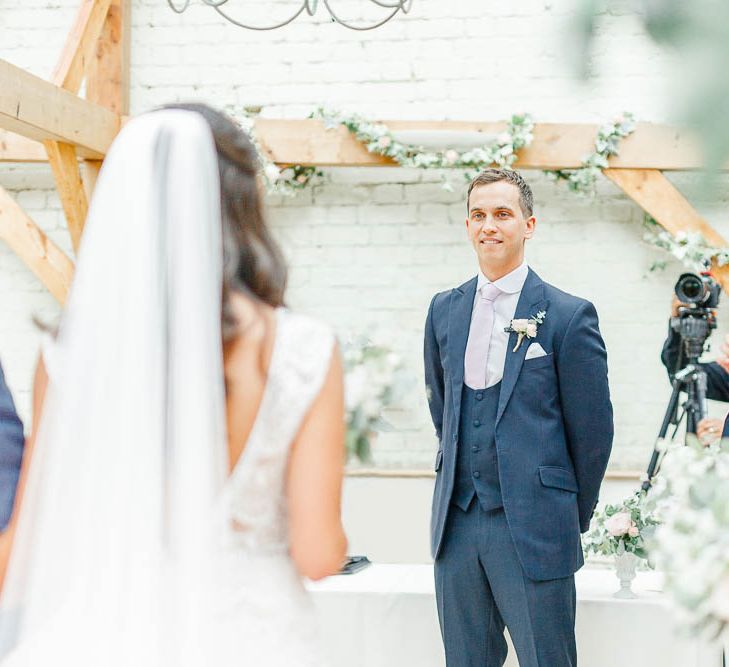 Wedding Ceremony | Bride in Lace Gown from Blackburn Bridal | Elegant Pastel Wedding at Gaynes Park, Essex | White Stag Wedding Photography | At Motion Film