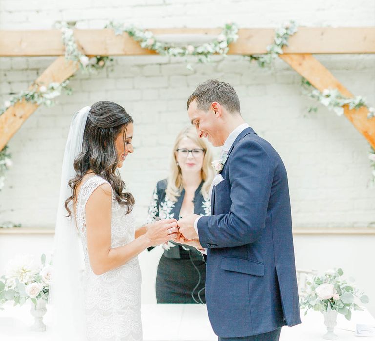 Wedding Ceremony | Bride in Lace Gown from Blackburn Bridal | Groom in Navy Three-piece Suit | Elegant Pastel Wedding at Gaynes Park, Essex | White Stag Wedding Photography | At Motion Film