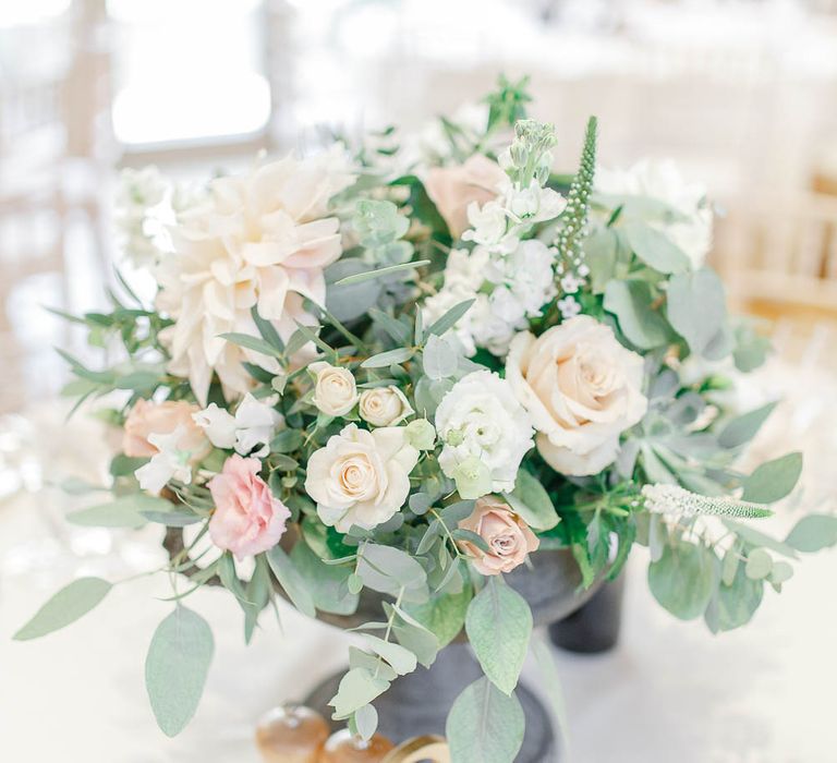 Floral Centrepiece | Elegant Pastel Wedding at Gaynes Park, Essex | White Stag Wedding Photography | At Motion Film