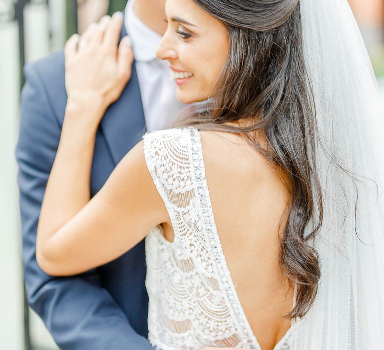 Bride in Lace Gown from Blackburn Bridal | Groom in Navy Three-piece Suit | Elegant Pastel Wedding at Gaynes Park, Essex | White Stag Wedding Photography | At Motion Film