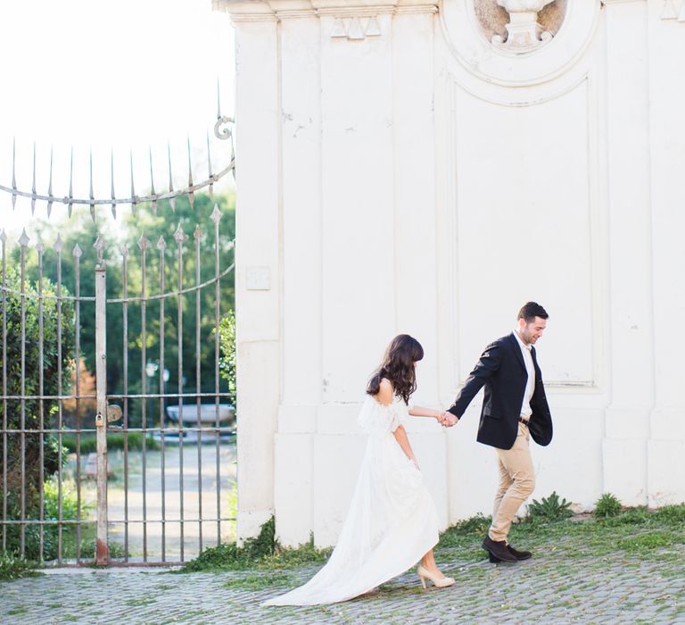 Bride-to-be in Katya Katya Shehurina Dress | Romantic Engagement Shoot at Villa Borghese Gardens, Rome by The Wedding Stylist | Cecelina Photography