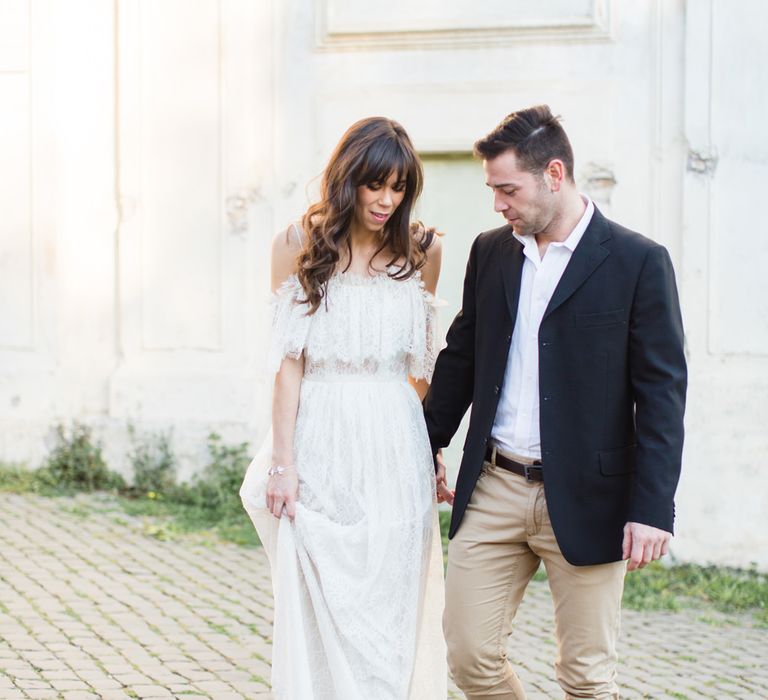 Bride-to-be in Katya Katya Shehurina Dress | Romantic Engagement Shoot at Villa Borghese Gardens, Rome by The Wedding Stylist | Cecelina Photography