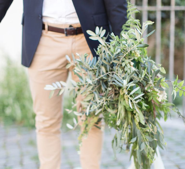 Olive Branch Bouquet by Nina E I Fiori | Romantic Engagement Shoot at Villa Borghese Gardens, Rome by The Wedding Stylist | Cecelina Photography