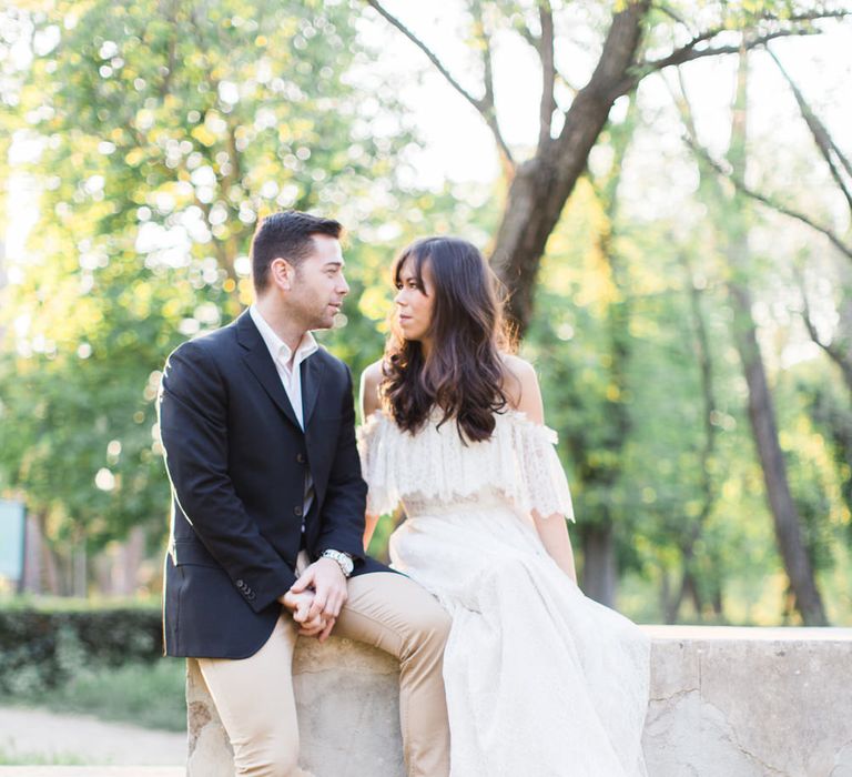 Bride-to-be in Lace Katya Katya Shehurina Dress | Romantic Engagement Shoot at Villa Borghese Gardens, Rome by The Wedding Stylist | Cecelina Photography