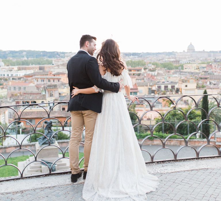 Bride-to-be in Katya Katya Shehurina Dress | Romantic Engagement Shoot at Villa Borghese Gardens, Rome by The Wedding Stylist | Cecelina Photography