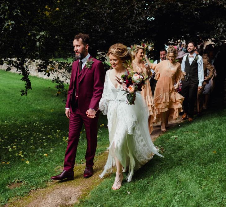 Bride in Rue de Seine Cleo Wedding Dress | Groom in Burgundy Suit | Outdoor Wedding at Dewsall Court Oxfordshire | Claudia Rose Carter Photography | Costa Sister Productions