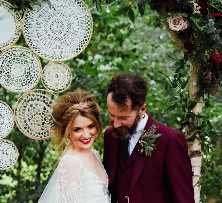 DIY Dream Catcher Decor | Bride in Rue de Seine Cleo Wedding Dress | Groom in Burgundy Suit | Outdoor Wedding at Dewsall Court Oxfordshire | Claudia Rose Carter Photography | Costa Sister Productions