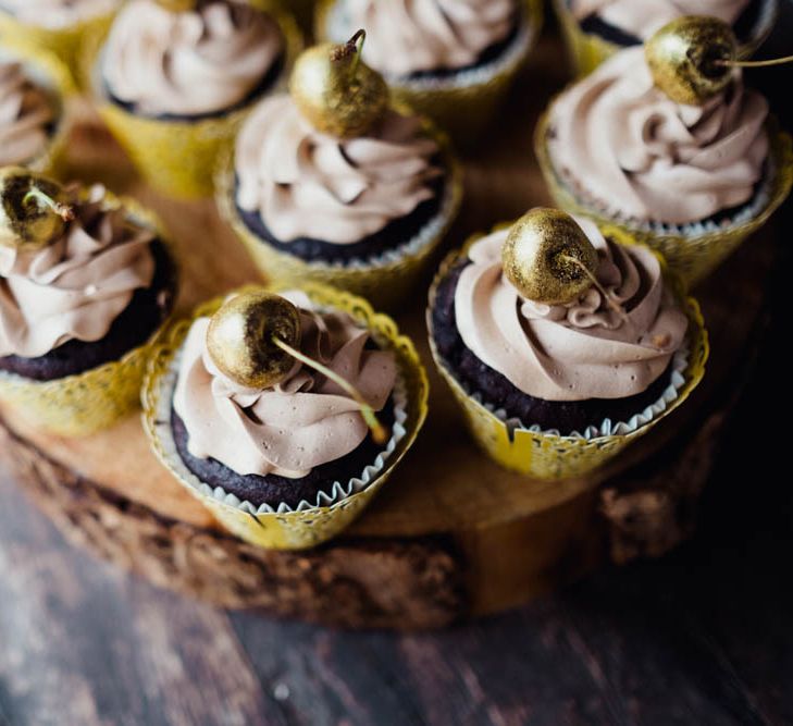 Cupcakes with Golden Cherries | Outdoor Wedding at Dewsall Court Oxfordshire | Claudia Rose Carter Photography | Costa Sister Productions