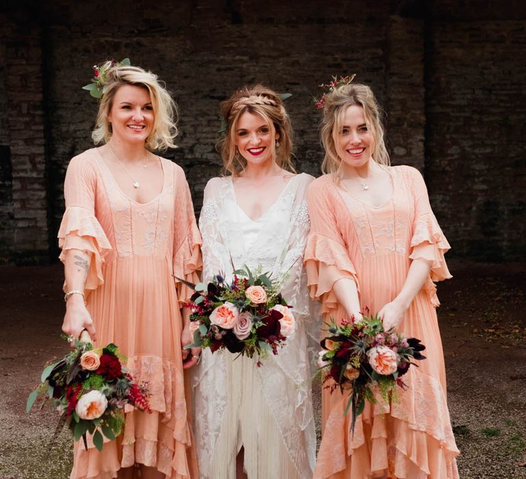 Bridal Party | Bride in Rue de Seine Cleo Wedding Dress | Bridesmaids in Peach Free People Dresses | Outdoor Wedding at Dewsall Court Oxfordshire | Claudia Rose Carter Photography | Costa Sister Productions