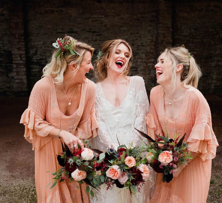 Bridal Party | Bride in Rue de Seine Cleo Wedding Dress | Bridesmaids in Peach Free People Dresses | Outdoor Wedding at Dewsall Court Oxfordshire | Claudia Rose Carter Photography | Costa Sister Productions