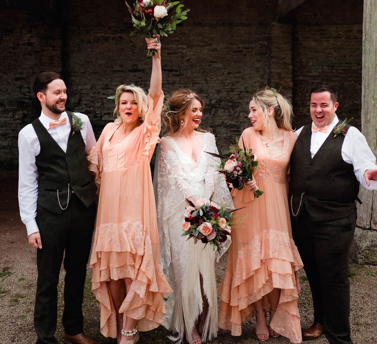 Bridal Party | Bride in Rue de Seine Cleo Wedding Dress | Bridesmaids in Peach Free People Dresses | Outdoor Wedding at Dewsall Court Oxfordshire | Claudia Rose Carter Photography | Costa Sister Productions