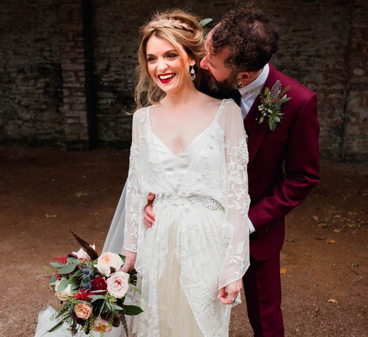 Bride in Rue de Seine Cleo Wedding Dress | Groom in Burgundy Suit | Outdoor Wedding at Dewsall Court Oxfordshire | Claudia Rose Carter Photography | Costa Sister Productions