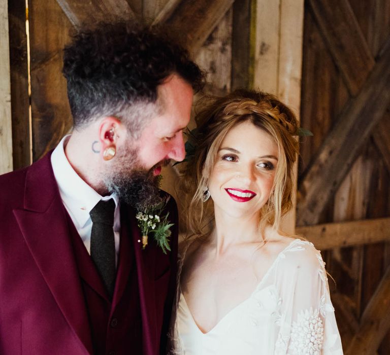 Bride in Rue de Seine Cleo Wedding Dress | Groom in Burgundy Suit | Outdoor Wedding at Dewsall Court Oxfordshire | Claudia Rose Carter Photography | Costa Sister Productions