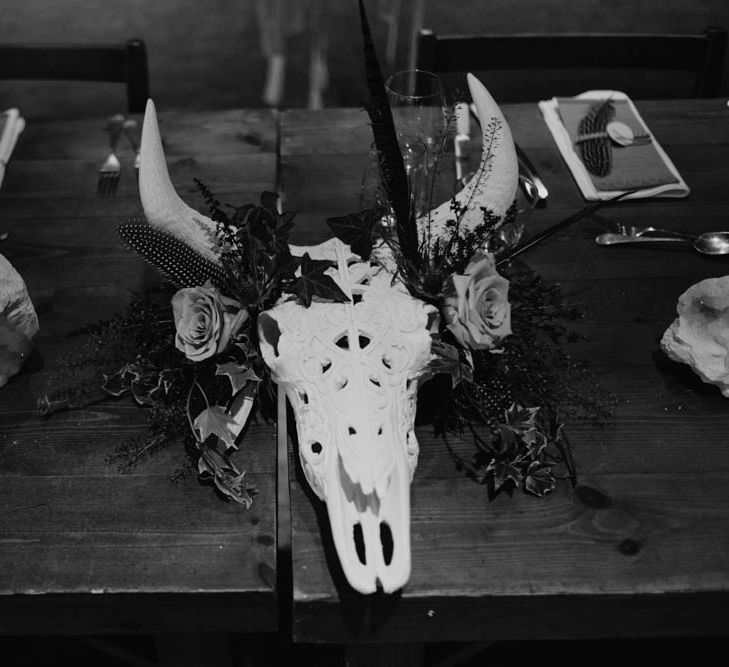 Skull Alternative Wedding Decor | Outdoor Wedding at Dewsall Court Oxfordshire | Claudia Rose Carter Photography | Costa Sister Productions