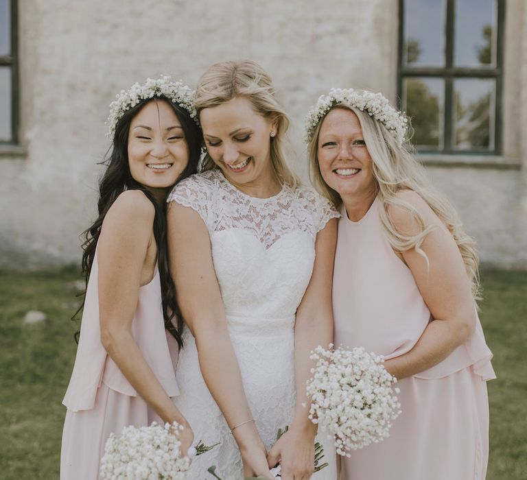 Bride in Lace By Malina Bridal Gown & Bridesmaids in Baby Pink ASOS Dresses