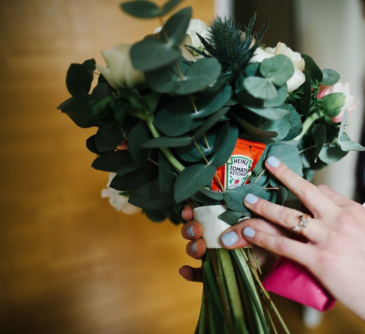 Delphine Manivet Bride With Bridesmaids In Reformation & Stylish London Wedding At Town Hall Hotel With Groom In Light Green & Images By Chris Barber