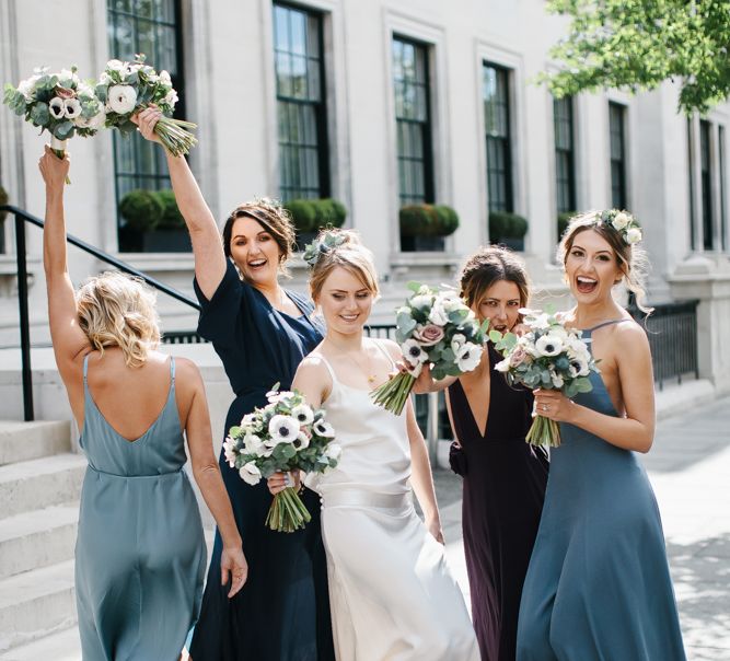 Delphine Manivet Bride With Bridesmaids In Reformation & Stylish London Wedding At Town Hall Hotel With Groom In Light Green & Images By Chris Barber