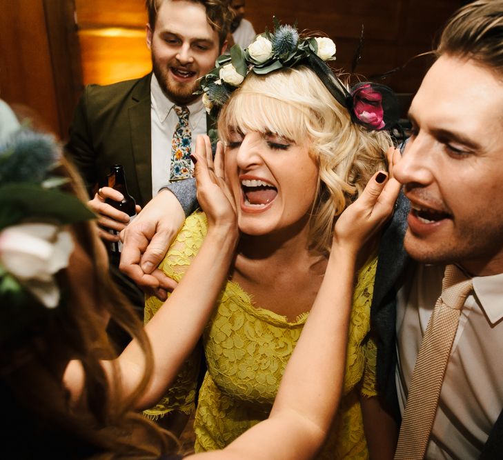 Delphine Manivet Bride With Bridesmaids In Reformation & Stylish London Wedding At Town Hall Hotel With Groom In Light Green & Images By Chris Barber