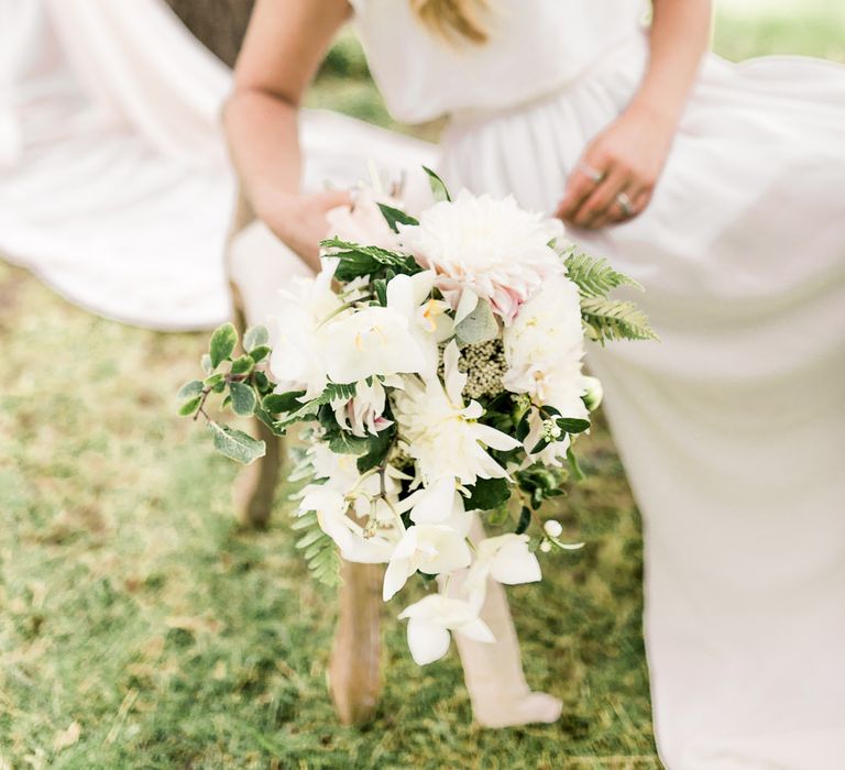 Romantic White & Blush Bouquet | Bride in Ailsa Munro Separates & Fishtail Braid | Rivercatcher Intimate Wedding Inspiration | Jade Leung Wedding Design | Heledd Roberts Photography